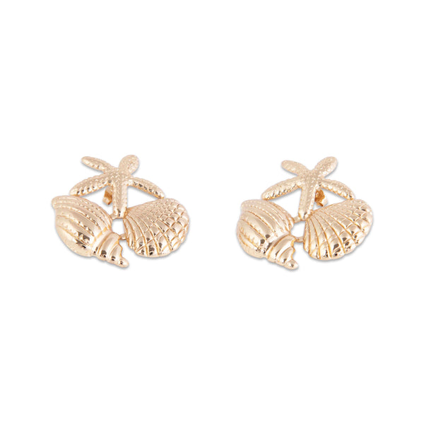 Gold shell and starfish Bormla earrings on a white background