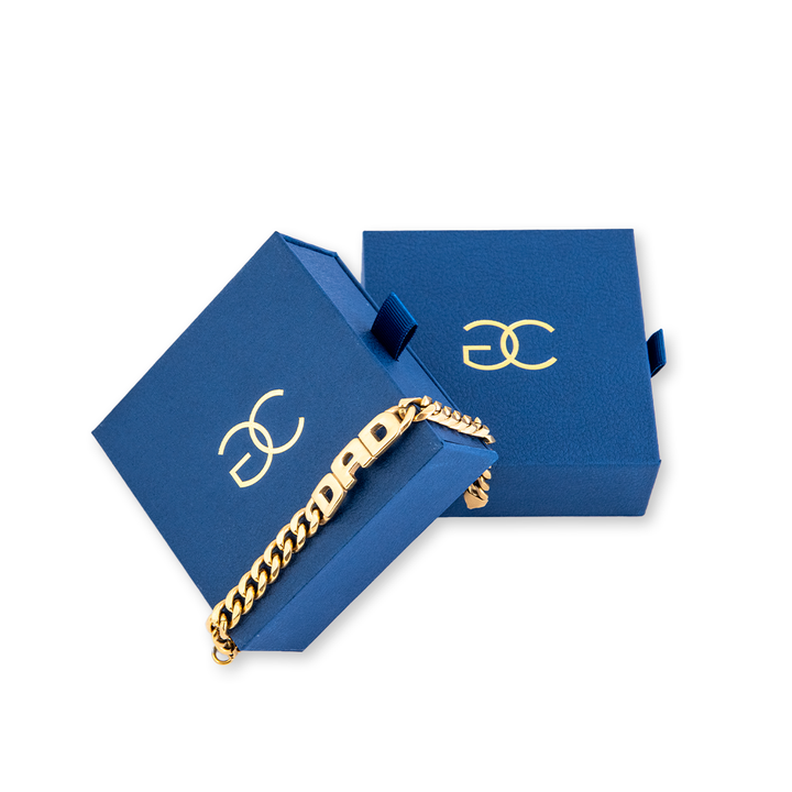 Dad bracelet on a its unique blue box with a Gram Collection logo. 