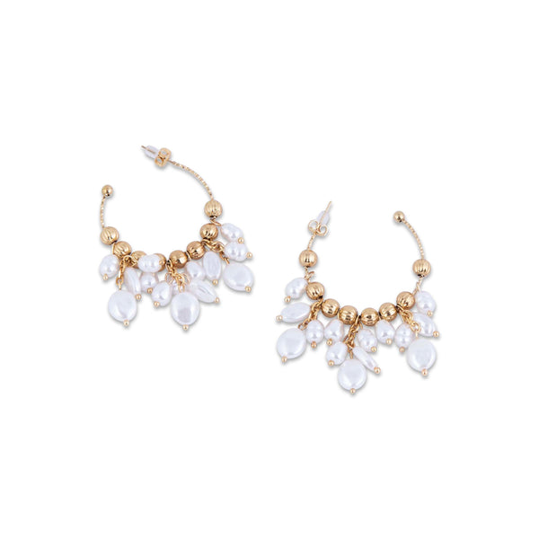Pair of gold and pearl earrings on a white background