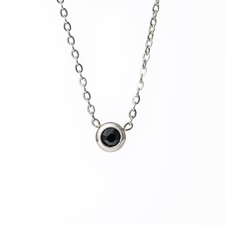 Close up view of Gabriella Silver Necklace with black pendant 