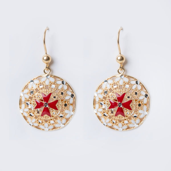 A pair of sterling silver Gerit earrings with yellow gold accents and red and white enamel in a Maltese cross design.
