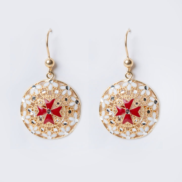A pair of sterling silver Gerit earrings with yellow gold accents and red and white enamel in a Maltese cross design.