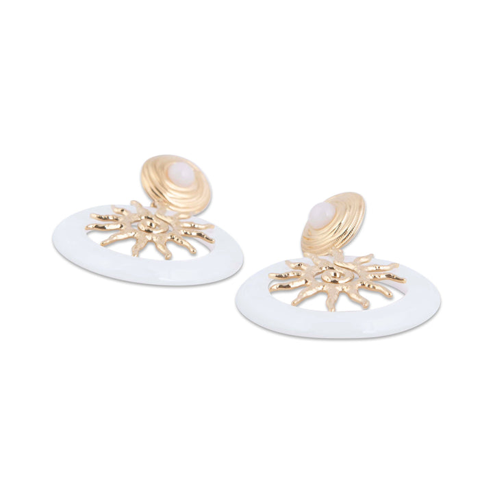 Pair of Golden Bay Earrings with gold and white design on a white background