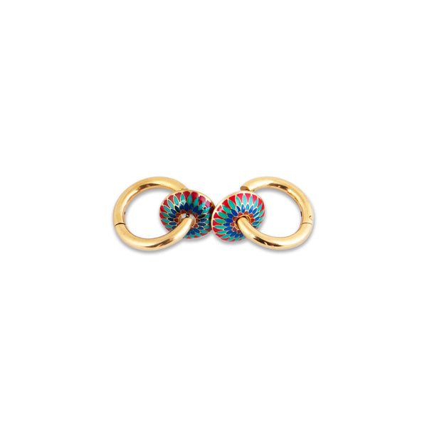 Gold hoop earrings with colorful gemstones on a white background