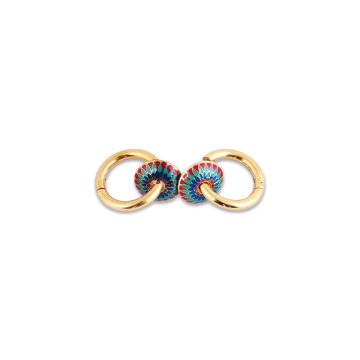 Gold hoop earrings with colorful gemstones on a white background