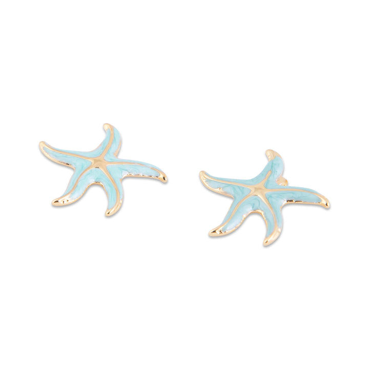 Isla Starfish-shaped earrings with gold and light blue design on a white background