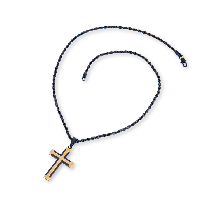 James Cross Necklace with a gold cross pendant on a white background