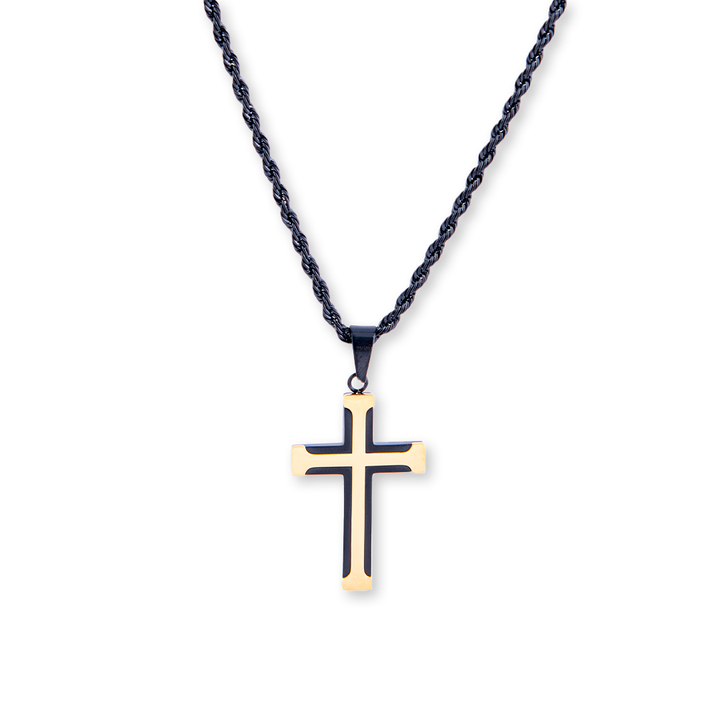 James Cross Necklace with a black and gold cross pendant on a white background