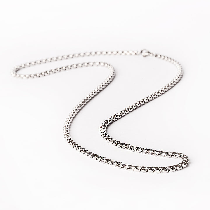 A silver stainless steel  Luccanecklace with a simple chain design on a white background.