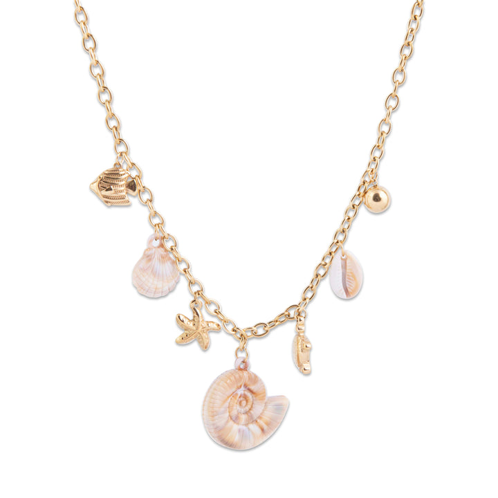 MarsaXlokk Gold necklace with shell and starfish charms on a white background