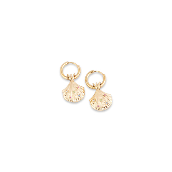 Gold scallop shell earrings on a white background