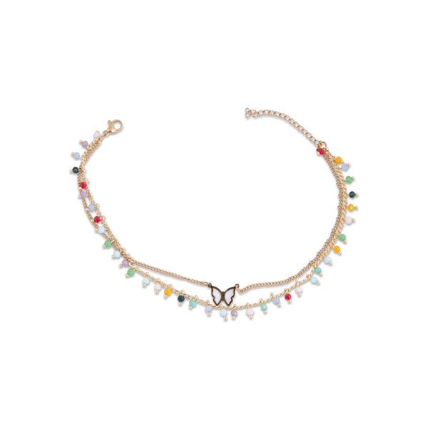 anklet with butterfly charm and multicolored beads on a white background