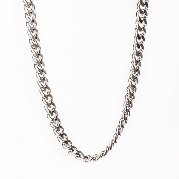 A close up view of  Padova silver stainless steel necklace with a braided design.