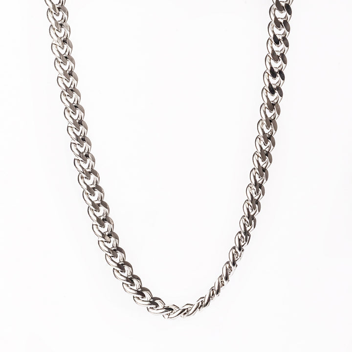 A close up view of  Padova silver stainless steel necklace with a braided design.