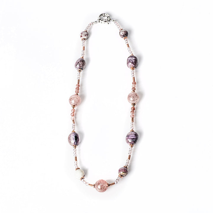 A bird view of Plum Necklace standing in the center of the image against a white background 