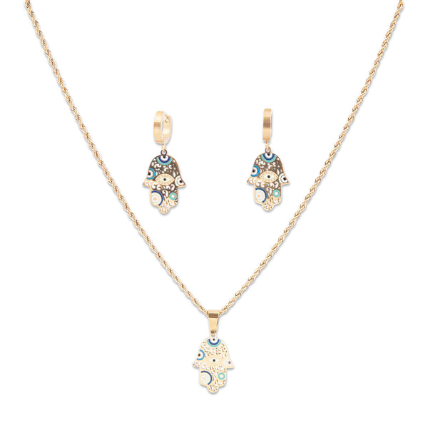 Qala Jewelry set with gold necklace and earrings featuring hamsa designs on a white background