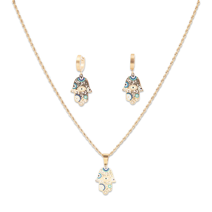Qala Jewelry set with gold necklace and earrings featuring hamsa designs on a white background