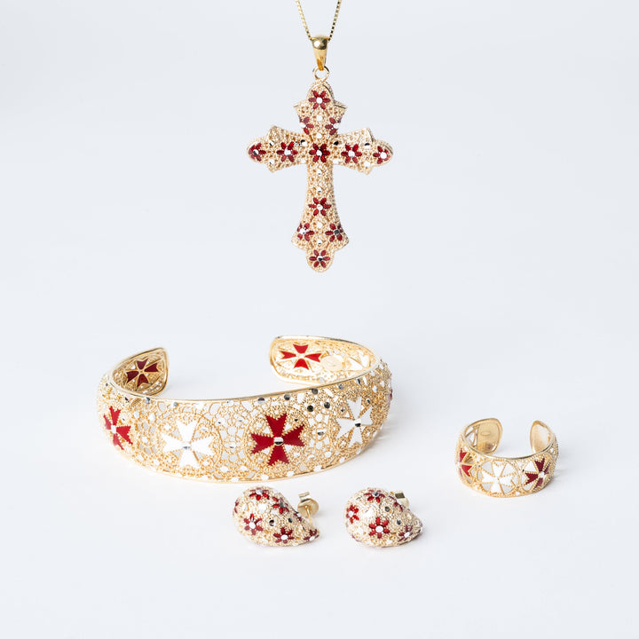 the Rita Ringset placed in the bottom on the image with a cross hanging from above.