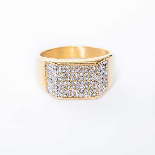 Roles styled stainless steel band ring with yellow gold gems set around its circumference.