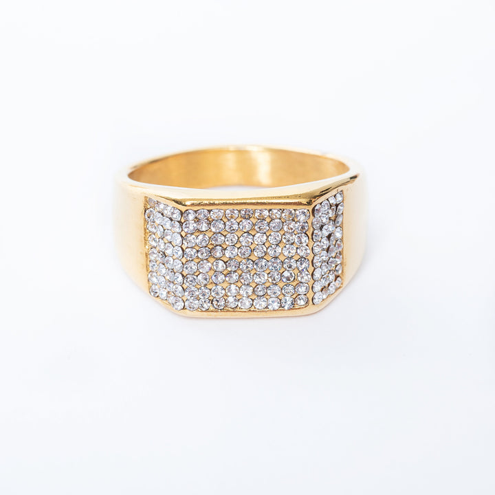Roles styled stainless steel band ring with yellow gold gems set around its circumference.