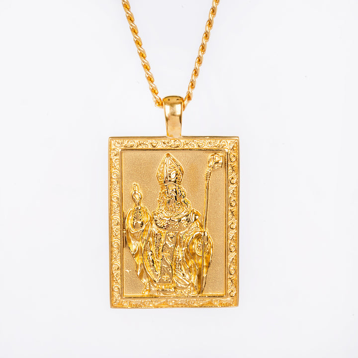 San Nikola Necklace pendant attached to its respectful chain, standing in the center of the image, against a white background. 