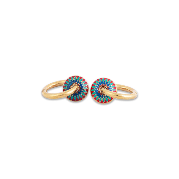 Pair of gold hoop earrings with colorful floral designs on a white background
