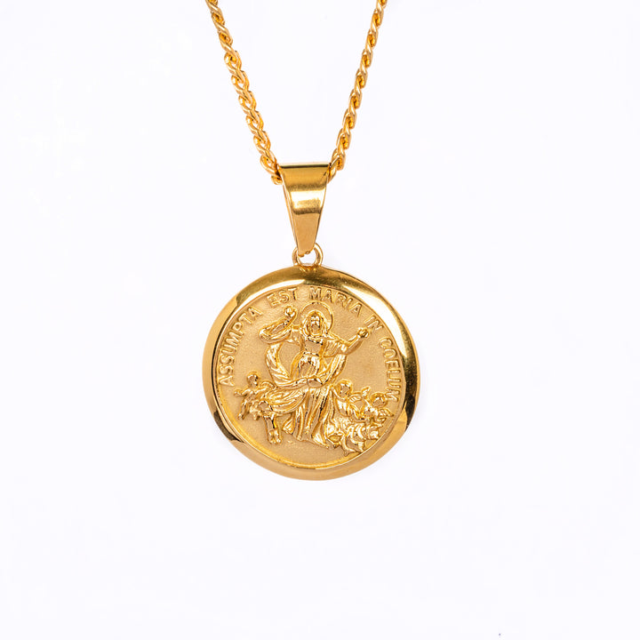 Santa Maria Pendant attached to the chain, standing from the front side against a white background. 