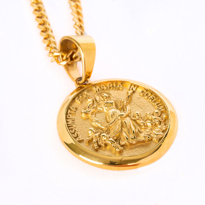 Santa Marija necklace attached to the chain, placed on the ground, standing in the center of the image against a white background. 