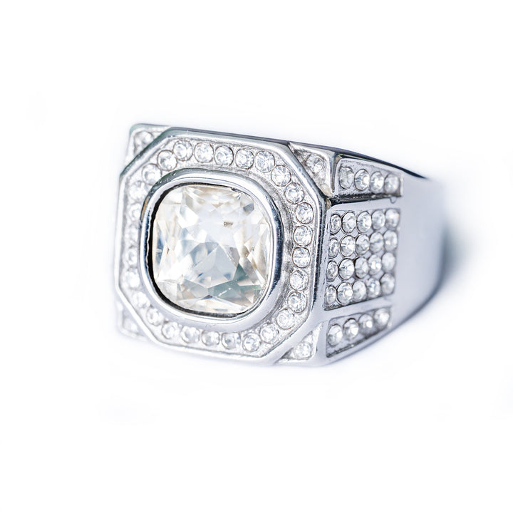 Lorry Ring in silver featuring a bold square-cut stone surrounded by pavé crystal accents