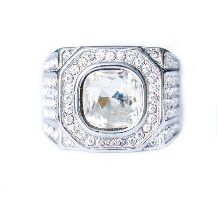 Lorry Ring in silver featuring a bold square-cut stone and shimmering pavé crystal accents