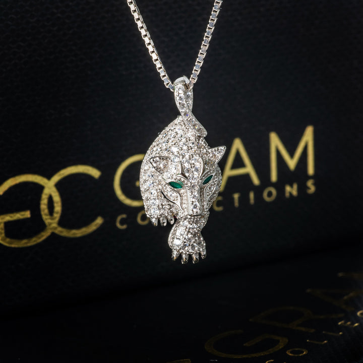 A close up of Sophie Necklace with a tiger face pendant. 