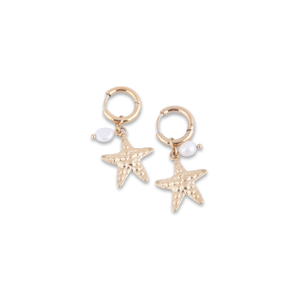 Gold starfish Stilla Tal-Bahar Earrings with pearl drops on a white background