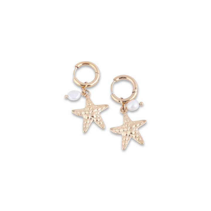Gold starfish Stilla Tal-Bahar Earrings with pearl drops on a white background