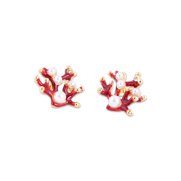 Coral-themed  Valletta Earrings with pearls on a white background