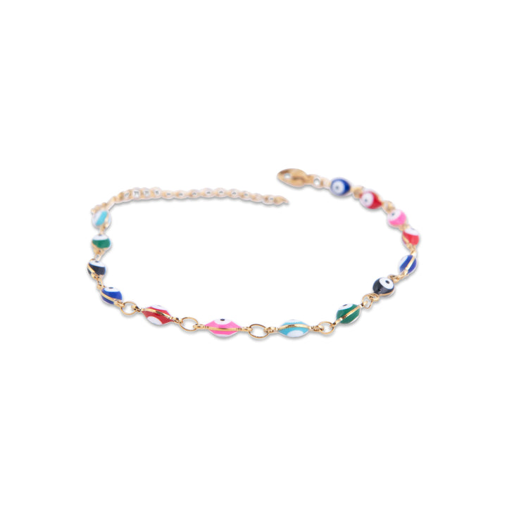 Multicolored beaded gram anklet on a white background