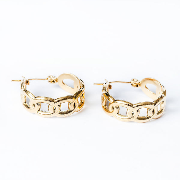 A pair of yellow gold hoop earrings with intricate detailing on a white background.