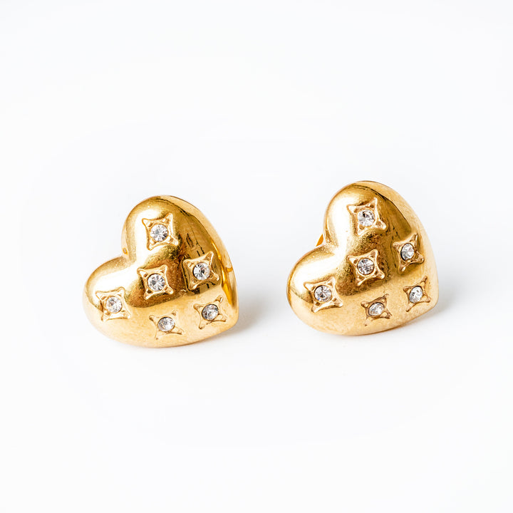 A pair of gold-plated Amanda earrings shaped like hearts with AAA cubic zirconia embellishments