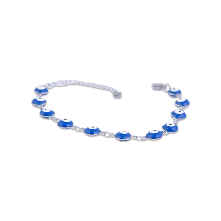 anklet with blue evil eye charms on a white background