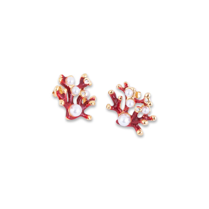 Gram Collections's Pair of Valletta earrings with coral and pearl design on a white background