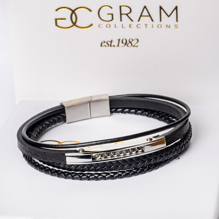 The Andre Silver bracelet placed on its uniquely designed box. 