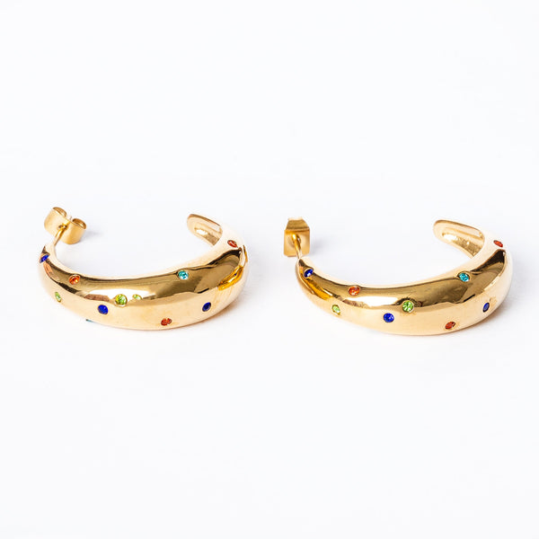 A pair of gold-plated stainless steel  Ayla earrings with multicolored gemstones.