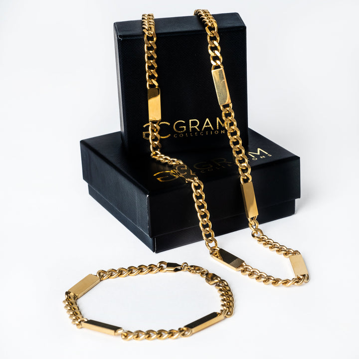 The Bar Bracelet (Maltese Style) placed on its box, against a white background. 