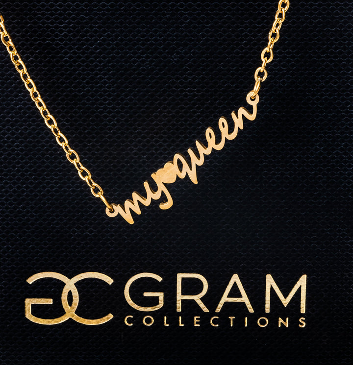 Gram My Queen Necklace box, with attached necklace on it. 