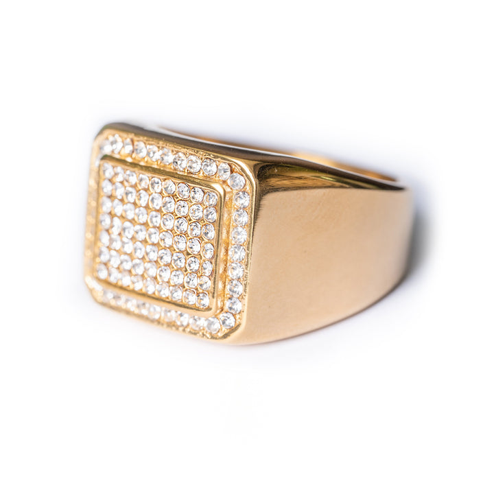 Gold Bobby Ring with a square pavé top shown from a side angle on a white background