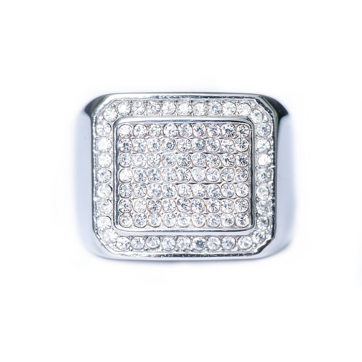 Silver Bobby Ring with a square pavé top photographed from a direct front angle on a white background