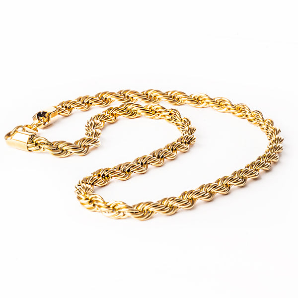 A yellow gold stainless steel Bologna necklace with a braided design, displayed against a white background.