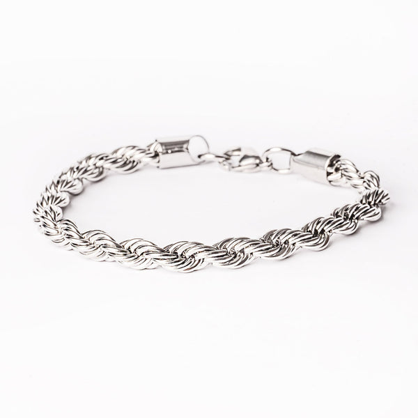 A silver stainless steel Calgari bracelet with a solid pattern and a clasp closure, displayed on a white background.