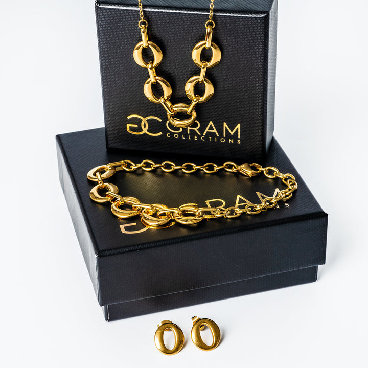 Chantelle Gold Bracelet standing attached to its black box. 