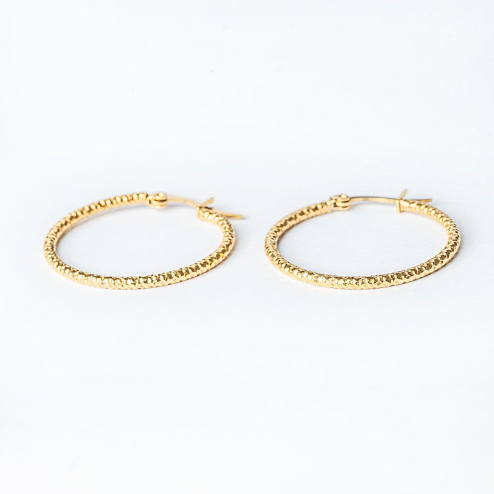 A pair of yellow gold Claudia hoop earrings with a textured surface on a white background.