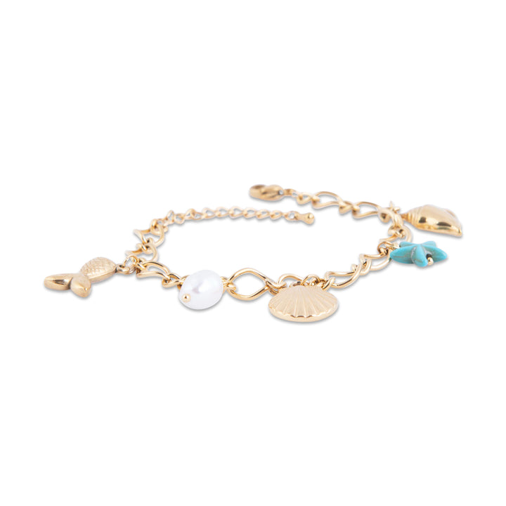 Gold birzebbuga bracelet with various charms on a white background